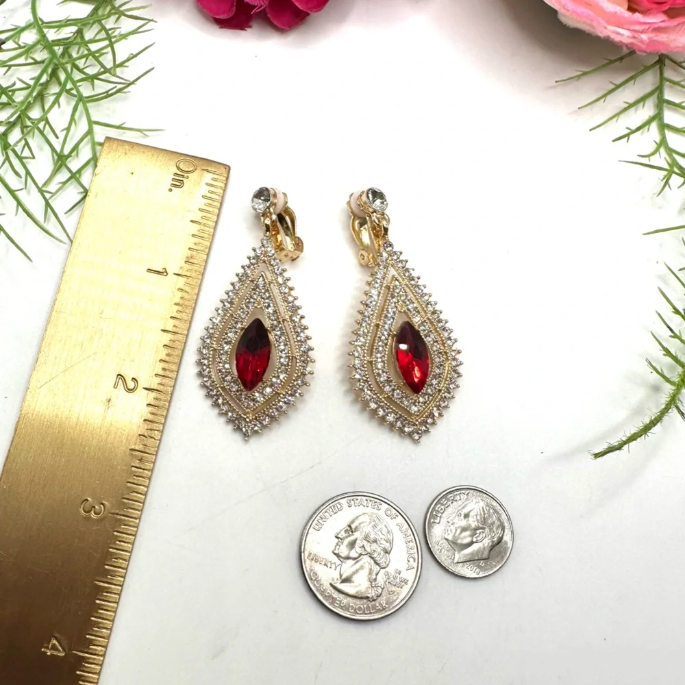 NEW⚜️Classy Ruby Red Crystal Drop Clip Earrings - Picture 6 of 7